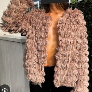 SHE & SKY Faux Fur Fringe Jacket, NWT, M, Neutral Mocha - Adorable!